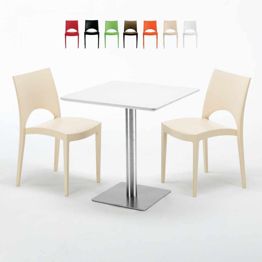 Valkoinen neliöpöytä 70x70 cm teräsjalalla ja 2 värikästä tuolia Paris Strawberry Myynti