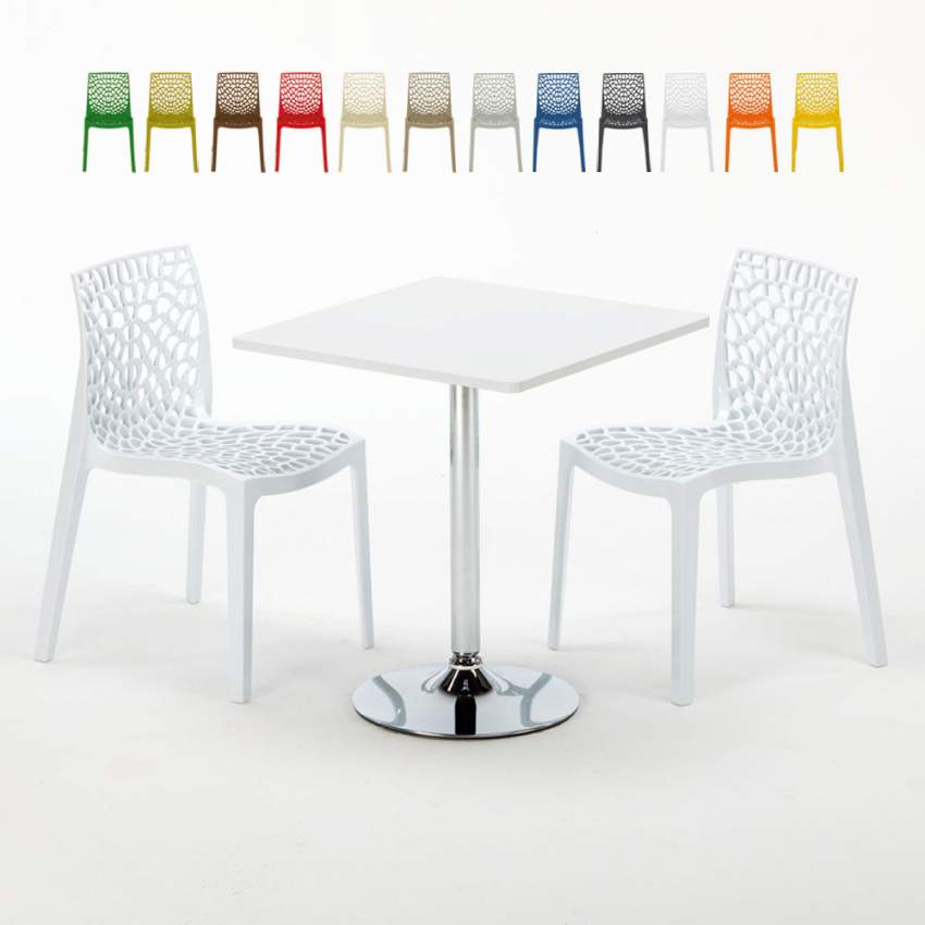 Valkoinen pieni pöytä 70x70cm teräsjalalla ja kaksi värikästä tuolia Gruvyer Cocktail Tarjous