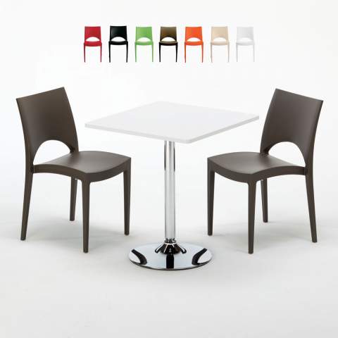 Valkoinen pieni pöytä 70x70cm ja kaksi värikästä tuolia Paris Cocktail