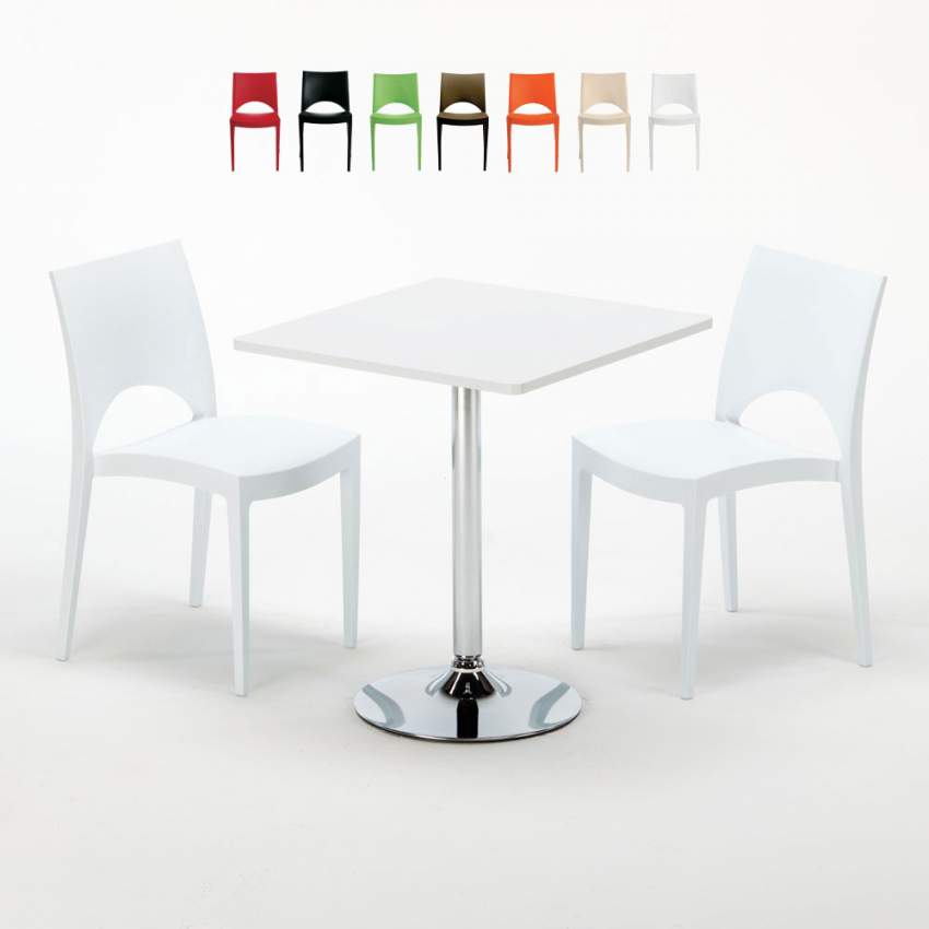 Valkoinen pieni pöytä 70x70cm ja kaksi värikästä tuolia Paris Cocktail Alennusmyynnit