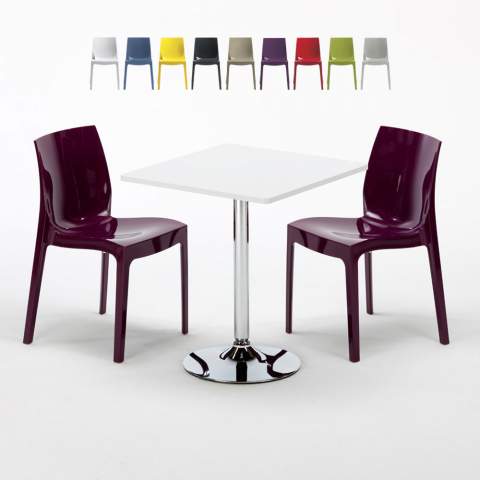 Valkoinen pieni pöytä 70x70cm teräsjalalla ja kaksi värikästä tuolia Gruvyer Cocktail Tarjous