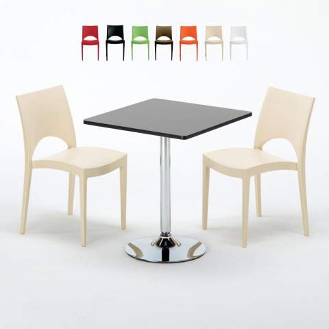 Musta neliöpöytä 70x70cm ja kaksi värikästä tuolia Paris Mojito