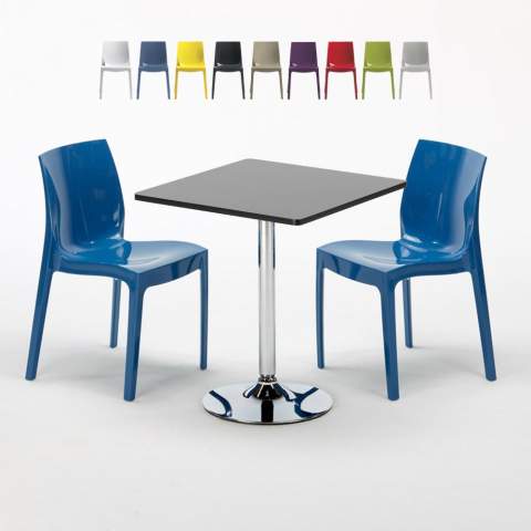 Musta neliöpöytä 70x70cm ja kaksi värikästä tuolia Ice Mojito