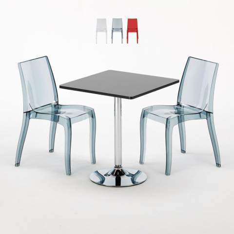 Musta neliöpöytä 70x70cm ja kaksi värikästä läpinäkyvää tuolia Cristal Light Platinum
