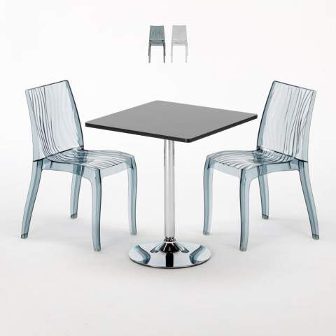 Musta neliöpöytä 70x70cm ja kaksi värikästä läpinäkyvää tuolia Dune Platinum