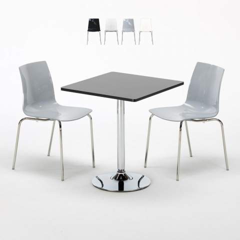 Musta neliöpöytä 70x70cm ja kaksi värikästä tuolia Lollipop Platinum