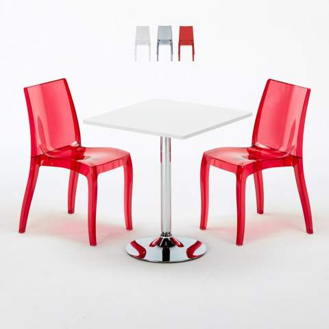 Valkoinen neliöpöytä 70x70cm ja kaksi värikästä läpinäkyvää tuolia Cristal Light Titanium Tarjous