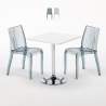 Valkoinen neliöpöytä 70x70cm ja kaksi värikästä läpinäkyvää tuolia Dune Titanium Tarjous