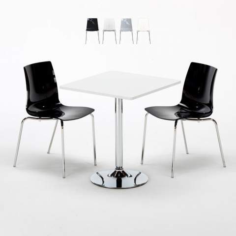 Valkoinen neliöpöytä 70x70cm ja kaksi värikästä tuolia Lollipop Titanium
