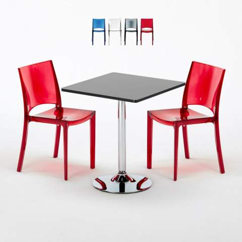 Musta neliöpöytä 70x70cm ja kaksi värikästä läpinäkyvää tuolia B-Side Phantom
