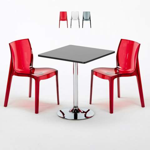 Musta neliöpöytä 70x70cm ja kaksi värikästä läpinäkyvää tuolia Femme Fatale Phantom