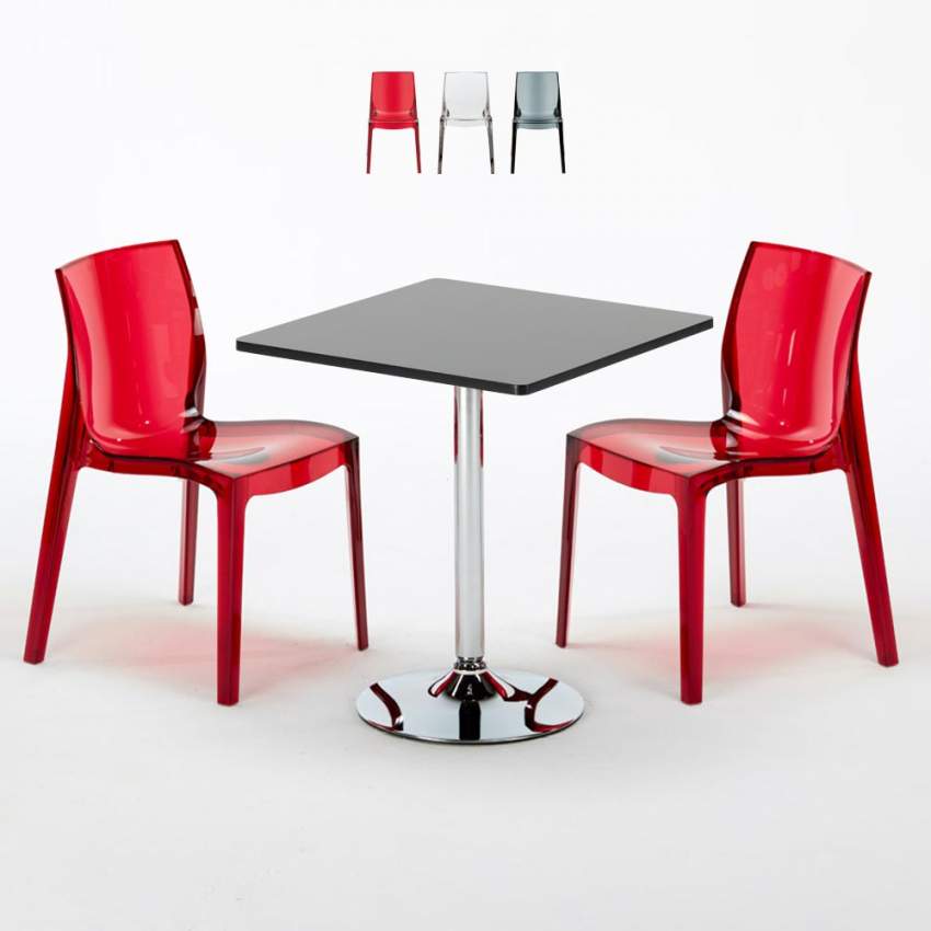 Musta neliöpöytä 70x70cm ja kaksi värikästä läpinäkyvää tuolia Femme Fatale Phantom Tarjous