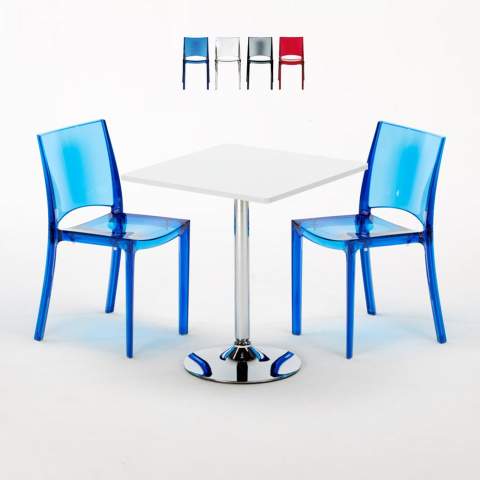 Valkoinen neliöpöytä 70x70cm ja kaksi värikästä läpinäkyvää tuolia B-Side Demon Tarjous