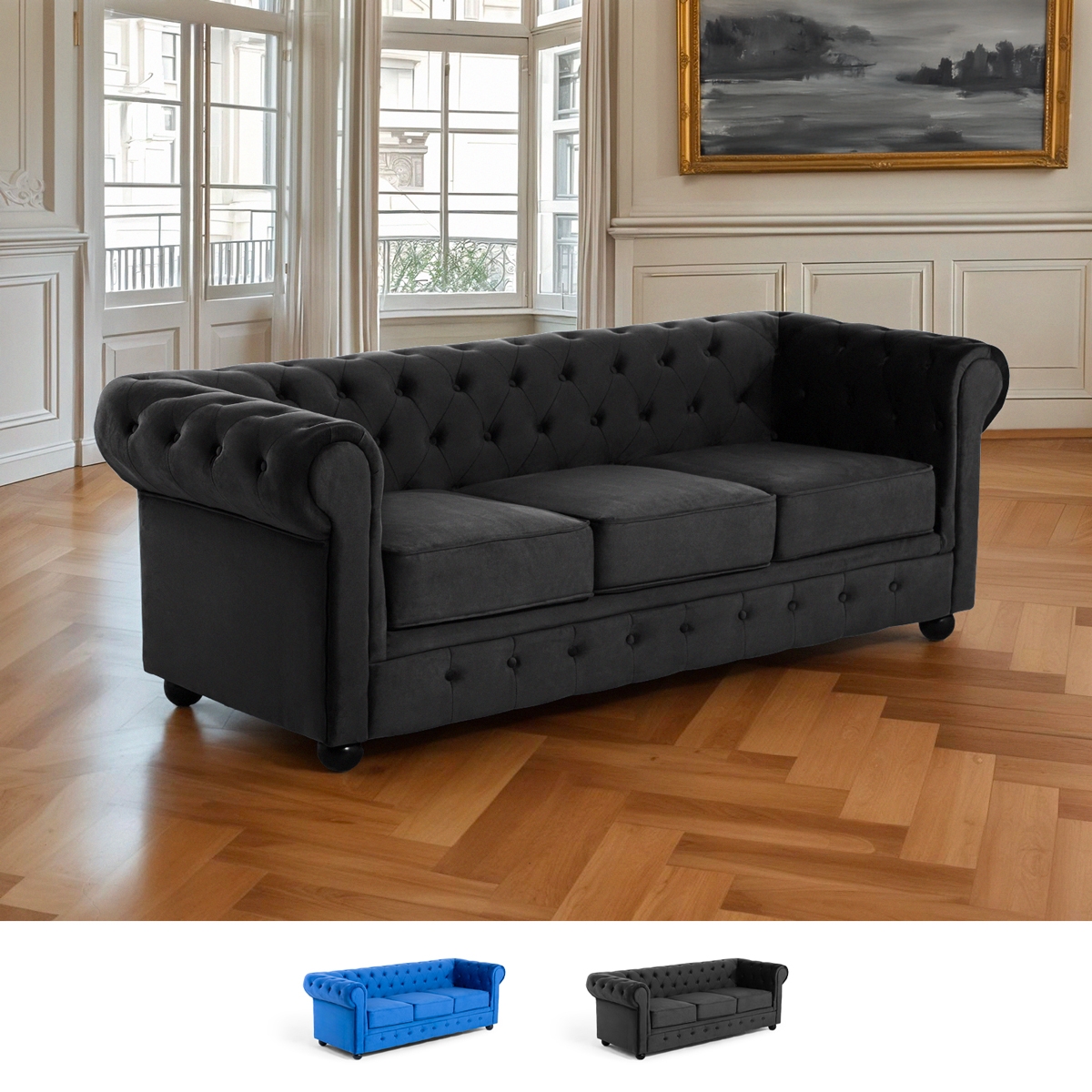 Kolmen istuttava Norwich Chesterfield-sohva, klassista vintage-tyyliä, samettia Luettelo
