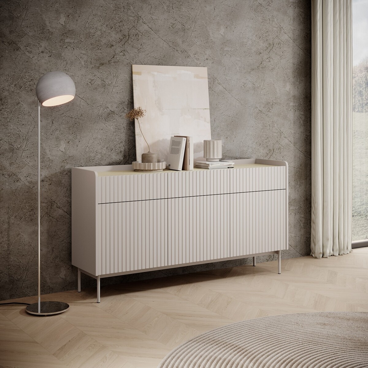 Bitter moderni beige ruokailotason kaappi, 3 laatikkoa, 3 ovea Tarjous
