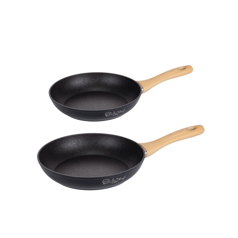Kahden mustan, tarttumattoman alumiinipaistinpannun setti, jossa puukahva Fuji Tarjous