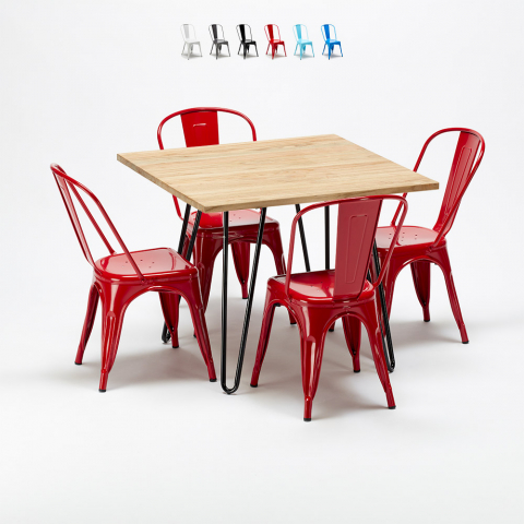 pöytä neliskulmainen ja tuolit metallista ja puusta tyyli Lix teollinen mallisto tribeca Tarjous