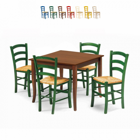 Pöytäryhmä neljällä tuolilla keittiöön, kahvilaan ja baariin, neliön mallinen 80x80 puinen Rusty