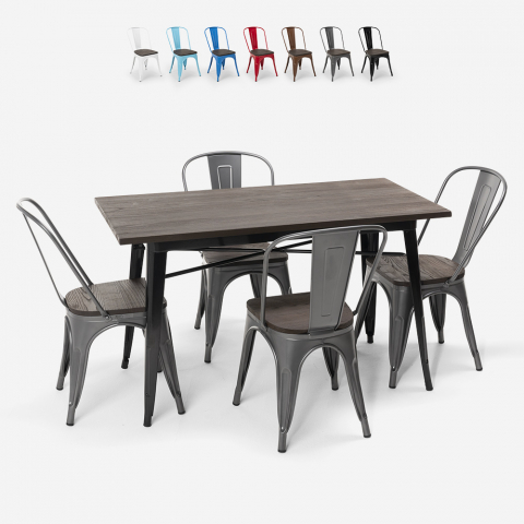 suorakulmainen pöytäpaketti 120 x 60, 4 tuolia, teollisuus-Lix-tyylinen teräs ja puu ralph Tarjous