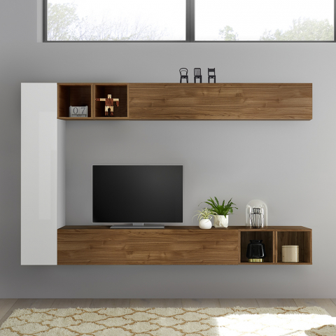 Moderni design-olohuoneen seinäyksikkö, jossa on valkoinen puinen TV-jalusta Infinity 104