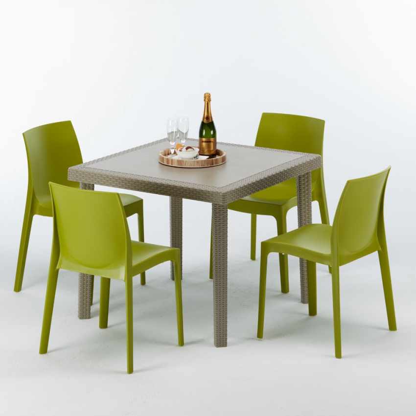 Neliön mallinen pöytä, beige 90x90 cm ja 4 värillistä tuolia Elegance 