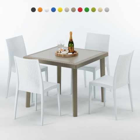 Neliön mallinen pöytä, beige 90x90 cm ja 4 värillistä tuolia Elegance