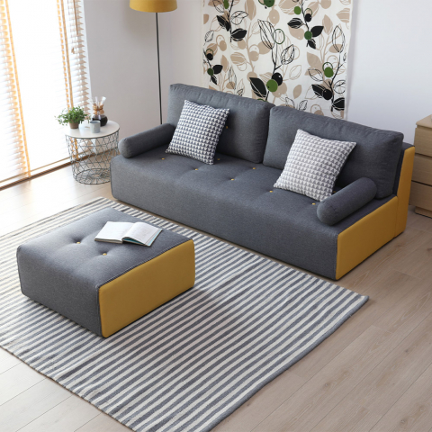 Moderni tyyli 2 - 3-istuttava sohva kangasta jossa on puffia Luda