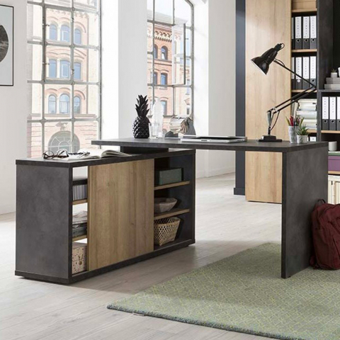 Työpöytä sivutasolla toimistoon, harmaa ja tammenvärinen, liukuovella ja hyllyillä 150x120cm Core Tarjous