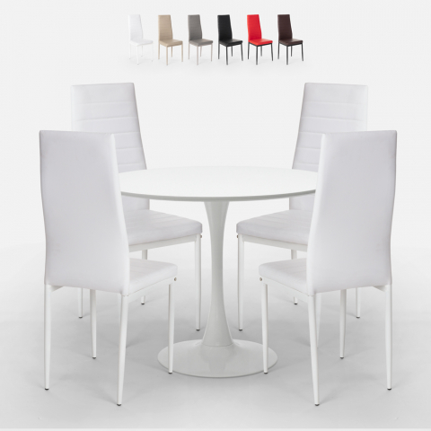Pöytäsetti design Tulip valkoinen pyöreä 80cm 4 tuolia moderni keinonahka Vogue