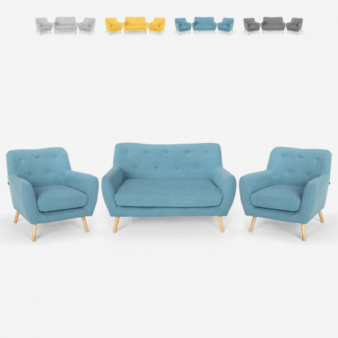 Olohuone 2 skandinaavista design -nojatuolia ja 2 -istuttava sohva puusta ja kankaasta Cleis