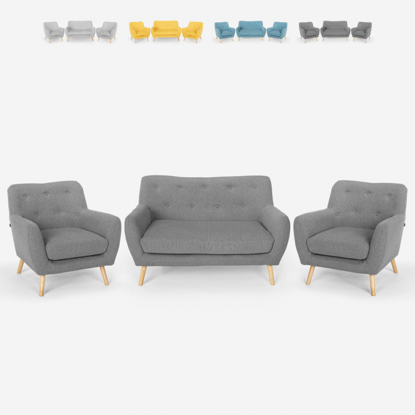 Olohuonesetti 2 nojatuolia design skandinaavinen ja sohva 2 paikkaa puu kangas Cleis Varasto