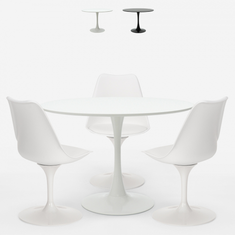 Pyöreä pöytä 90cm 3 tuolia Tulppaani tyyli moderni skandinaavinen muotoilu Ellis