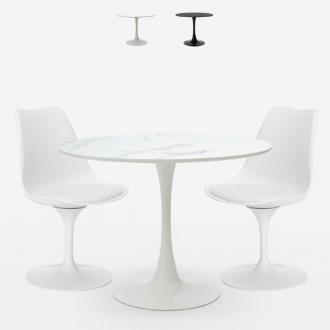 Pyöreän pöydän setti 80 cm: n muotoilu Tulip -marmoriefekti 2 modernia tuolia Rich