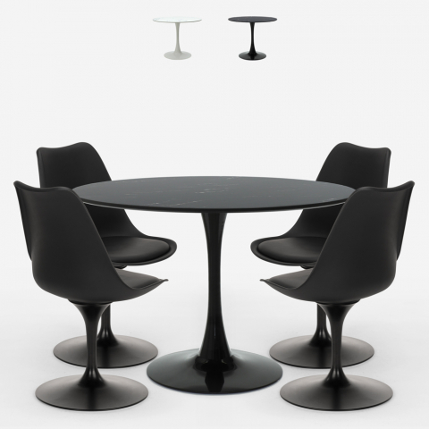 Pyöreän pöydän sarja 120 cm marmoriefektisuunnittelu Tulip 4 modernia tuolia Paix
