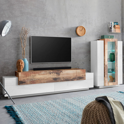 Olohuoneen seinäkaappi, jossa TV-kaappi ja valkoinen puinen vitriini Corona