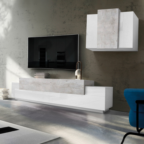 Olohuoneen seinäkaappi, jossa valkoinen ja harmaa riippuva TV-kaappi Corona