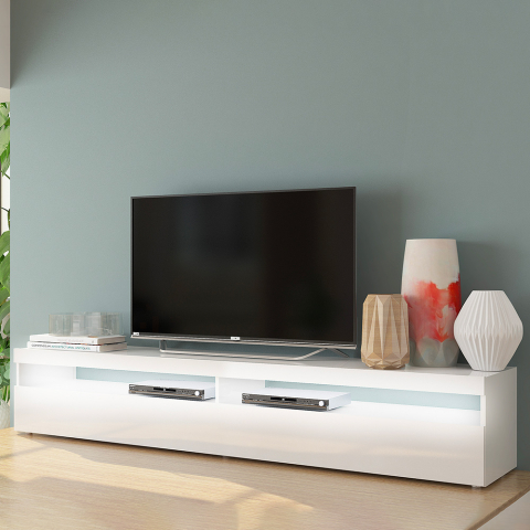Design olohuone TV-taso 200cm 4 lokeroa 2 kiiltävän valkoista ovea Burrata