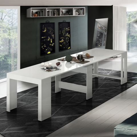 Jatkettava kiiltävä valkoinen ruokapöytä 90-300x51cm design-konsoli Pratika White
