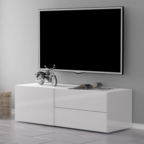 Design olohuoneen TV-kaappi kahdella laatikolla 110cm kiiltävä valkoinen Metis