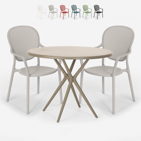 80cm beige pyöreä pöytä setti 2 tuolia moderni muotoilu ulkona Valet Tarjous