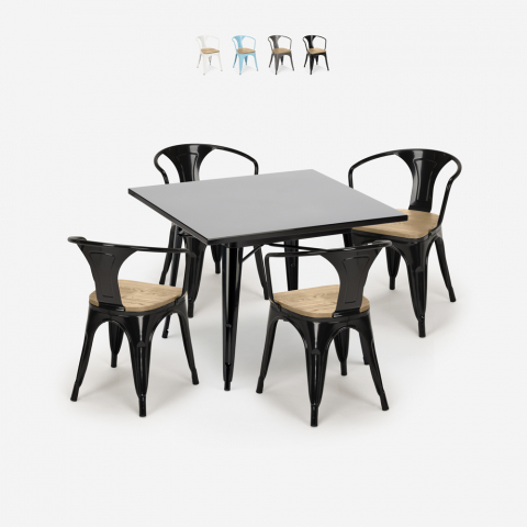 Musta metallinen keittiönpöytä 80x80cm 4 tuolia tolix Century Black Top Valo Tarjous
