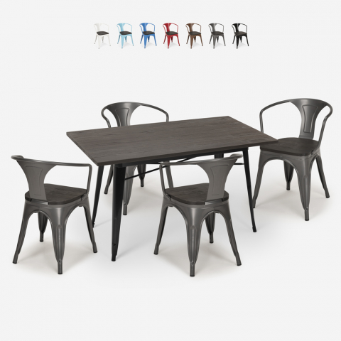 4 tuolin setti Tolix-puupöytä 120x60cm teollinen ruokasali Caster Wood