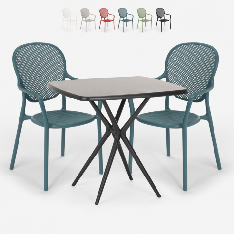 Setti neliönmuotoinen pöytä 70x70cm musta 2 tuolia sisä ulko Lavett Dark