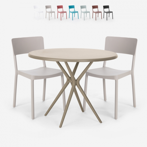 Setti 2 tuolia polypropeeni pyöreä pöytä 80cm beige design Aminos