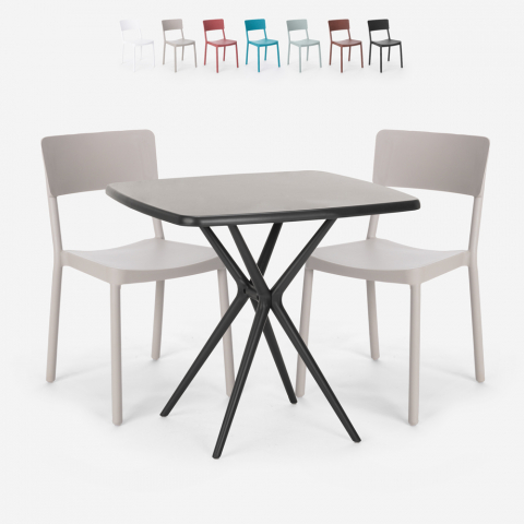 Setti neliönmuotoinen pöytä 70x70cm musta 2 tuolia ulkona design Regas Dark