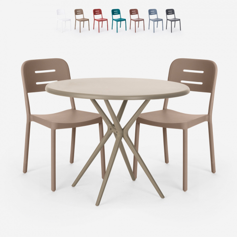 Setti 2 tuolia polypropeeni design pyöreä pöytä 80cm beige Ipsum