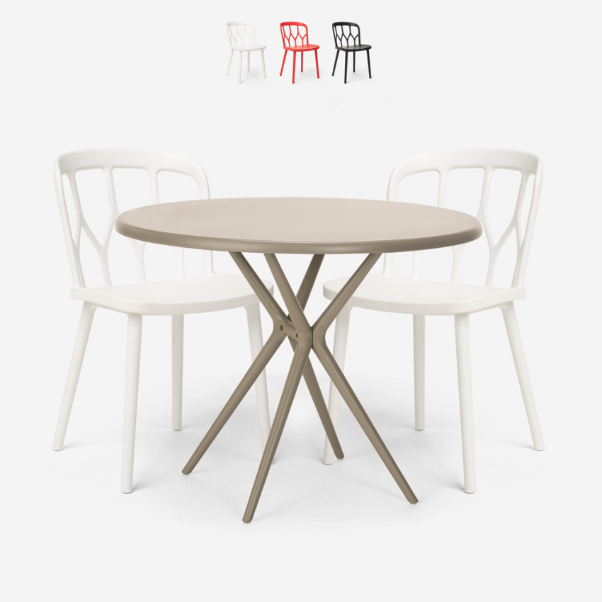Setti 2 tuolia polypropeeni design pöytä 80cm pyöreä beige Kento Myynti
