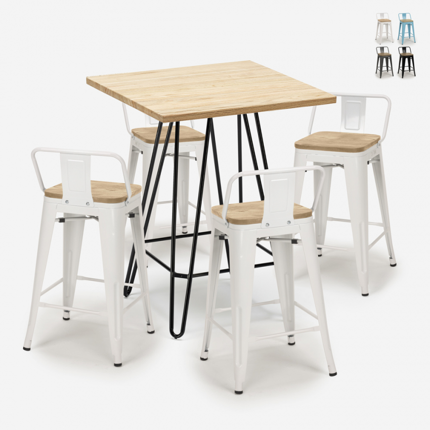 baarisetti teollinen 4 jakkaraa baaripöytä 60x60cm mason steel top light Alennusmyynnit