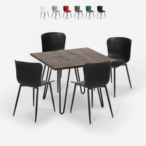 Pöydän setti 80x80cm neliö 4 tuolia teollinen tyyli metallia Kynsi Tumma Tarjous