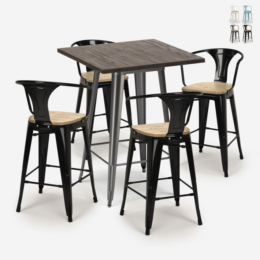 Bruck Top Light 4 baarituolia + baaripöytä 60x60 cm metallia ja puuta Alennusmyynnit